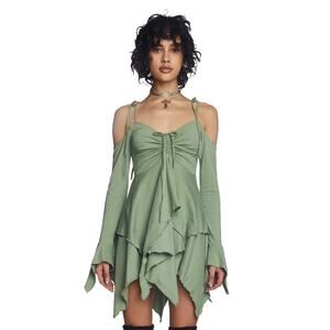 Current Mood Fairycore Handkerchief Hem Mini Dress Green M